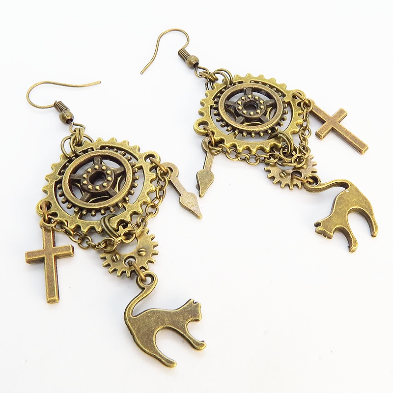 アンティーク調の跳ね猫と歯車・ギアのピアス スチームパンク風 チェーン付き ロザリオ 時計の針