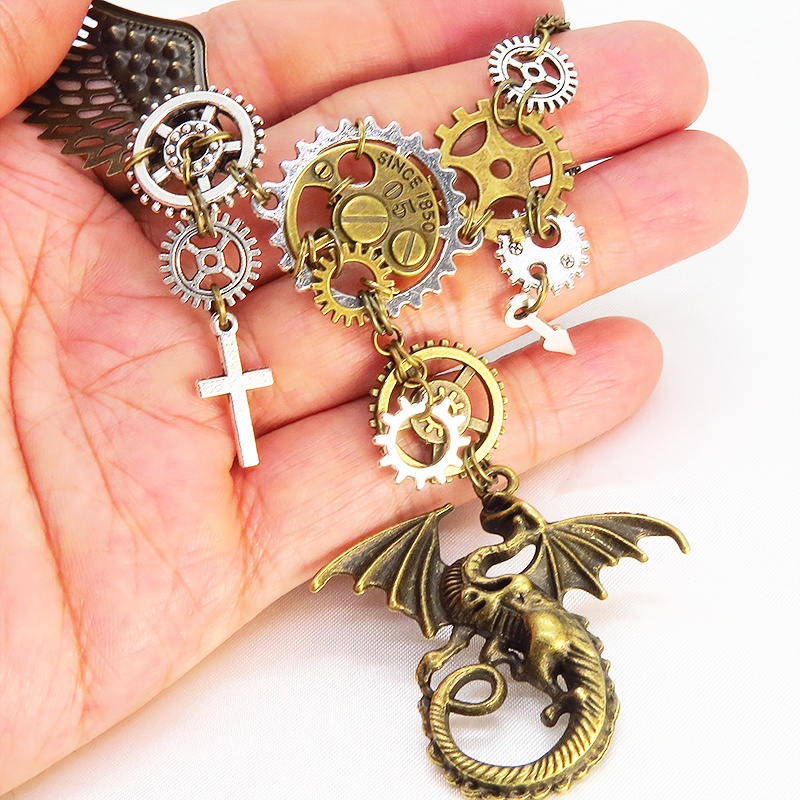 スチームパンク風ドラゴン(竜)と歯車の多層多重ネックレス 翼 アシンメトリー 長さ調整可 アジャスター付