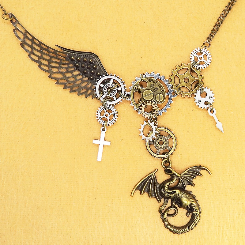 スチームパンク風ドラゴン(竜)と歯車の多層多重ネックレス 翼 アシンメトリー 長さ調整可 アジャスター付