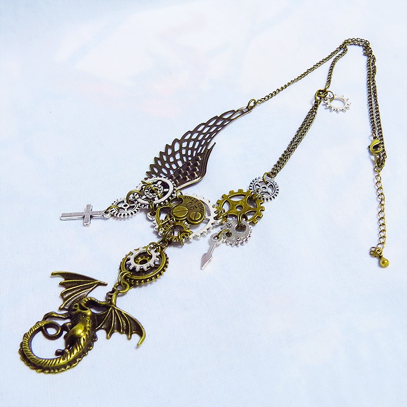 スチームパンク風ドラゴン(竜)と歯車の多層多重ネックレス 翼 アシンメトリー 長さ調整可 アジャスター付