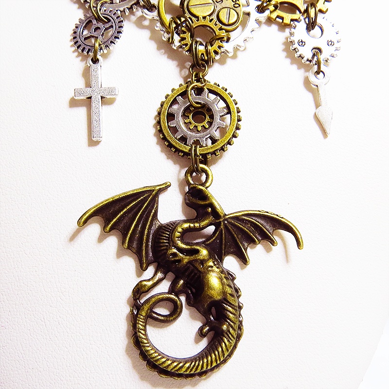 スチームパンク風ドラゴン(竜)と歯車の多層多重ネックレス 翼 アシンメトリー 長さ調整可 アジャスター付