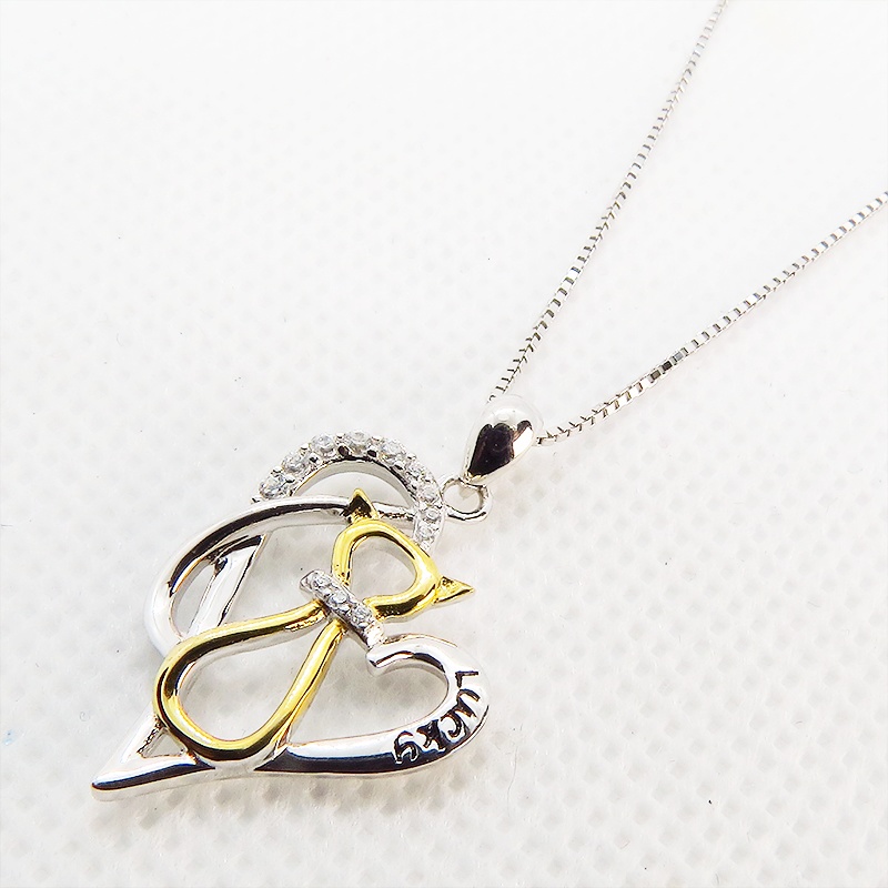 猫ネックレス スリムで印象的なモチーフのオープンハートネックレス シルバー925 AAAキュービックジルコニア