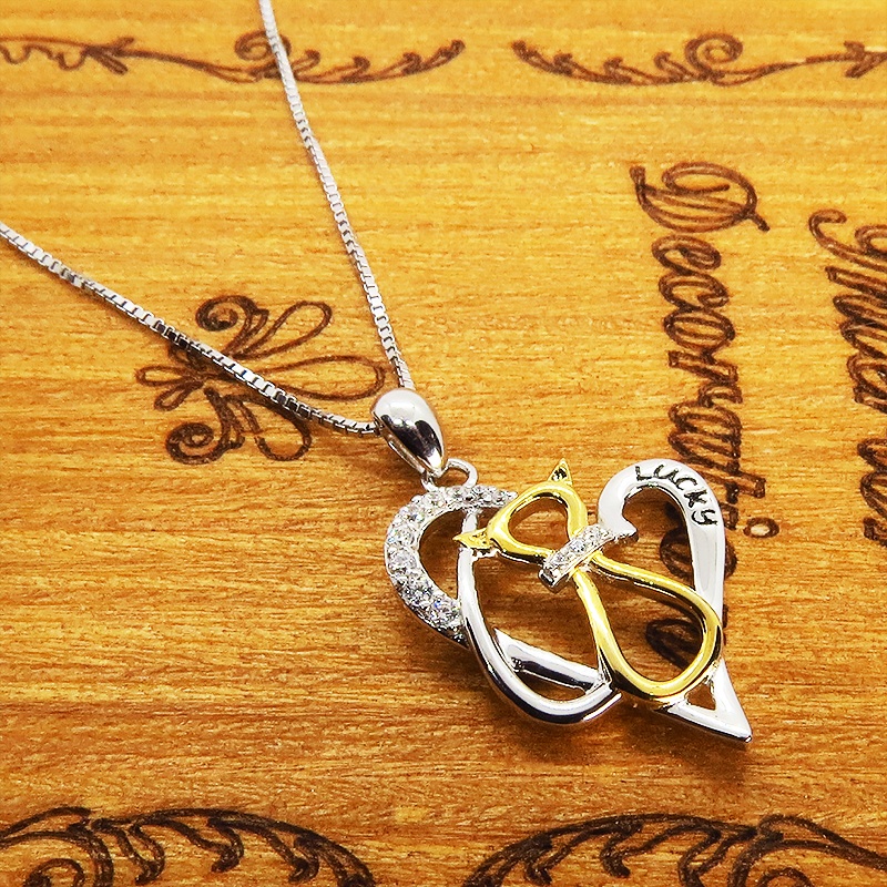 猫ネックレス スリムで印象的なモチーフのオープンハートネックレス シルバー925 AAAキュービックジルコニア