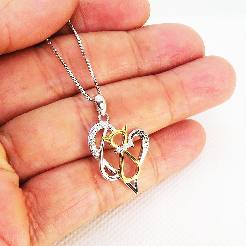 猫ネックレス スリムで印象的なモチーフのオープンハートネックレス シルバー925 AAAキュービックジルコニア