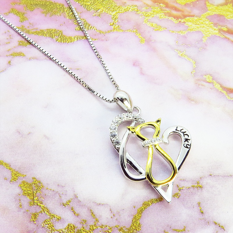 猫ネックレス スリムで印象的なモチーフのオープンハートネックレス シルバー925 AAAキュービックジルコニア