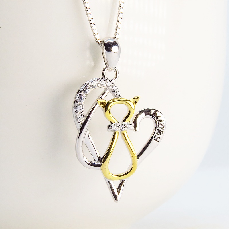 猫ネックレス スリムで印象的なモチーフのオープンハートネックレス シルバー925 AAAキュービックジルコニア
