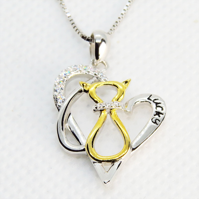 猫ネックレス スリムで印象的なモチーフのオープンハートネックレス シルバー925 AAAキュービックジルコニア