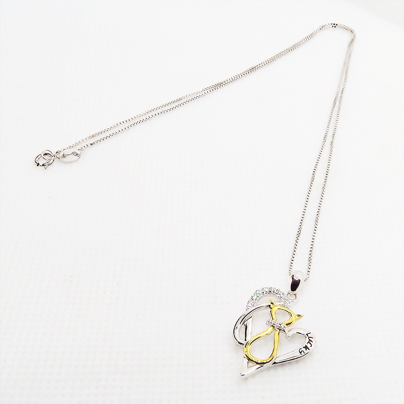 猫ネックレス スリムで印象的なモチーフのオープンハートネックレス シルバー925 AAAキュービックジルコニア