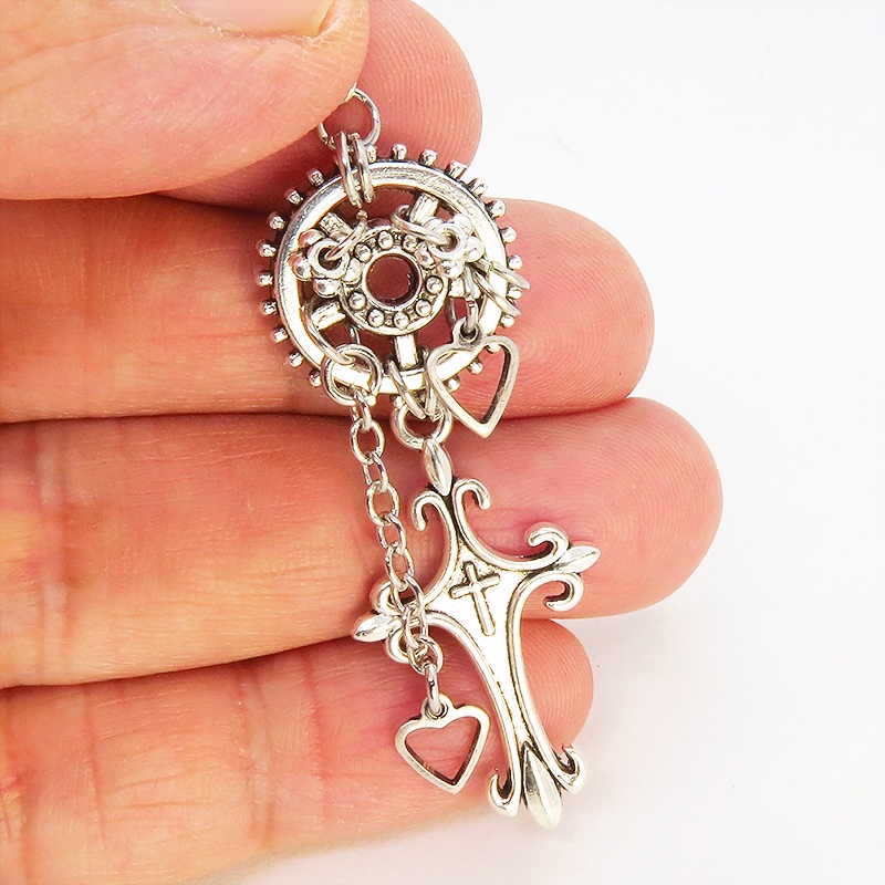 アンティークシルバー ロザリオと歯車・ギアのスチームパンク風チェーンピアス ハート サージカル可