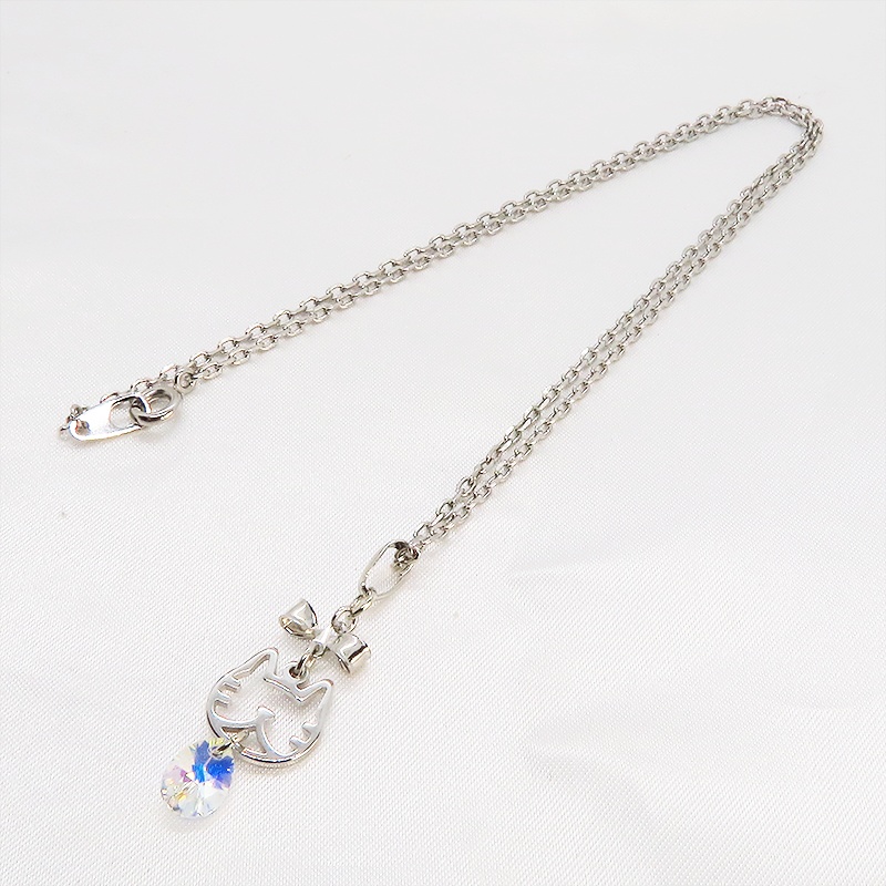 猫フェイスモチーフ(ハチワレ)とティアドロップ型スワロフスキー(クリスタルオーロラ)のネックレス 長さ変更可 SV925可