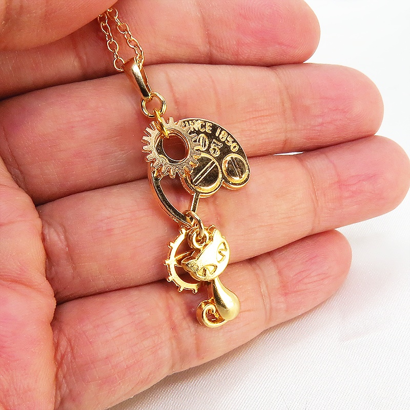 マットゴールド スチームパンク風の猫と歯車・ギアのコンパクトなネックレス アジャスター付 長さ変更可