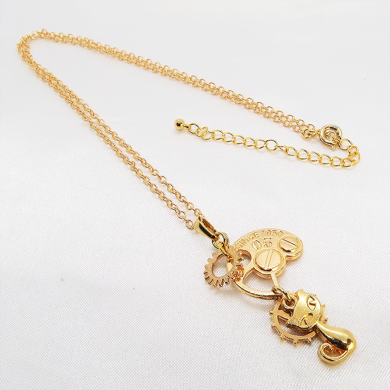 マットゴールド スチームパンク風の猫と歯車・ギアのコンパクトなネックレス アジャスター付 長さ変更可