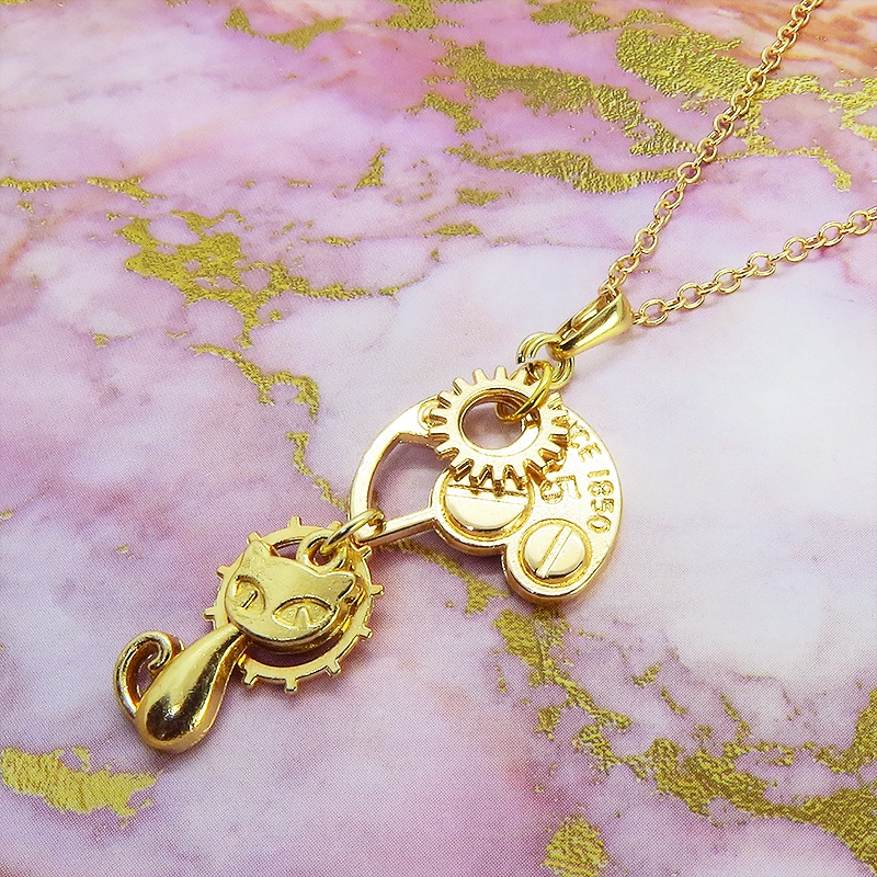 マットゴールド スチームパンク風の猫と歯車・ギアのコンパクトなネックレス アジャスター付 長さ変更可