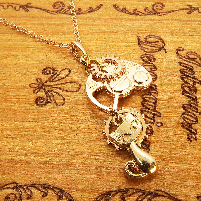 マットゴールド スチームパンク風の猫と歯車・ギアのコンパクトなネックレス アジャスター付 長さ変更可