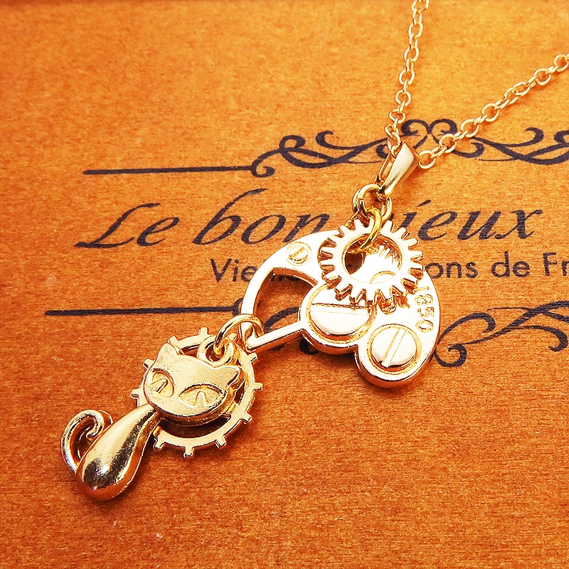 マットゴールド スチームパンク風の猫と歯車・ギアのコンパクトなネックレス アジャスター付 長さ変更可