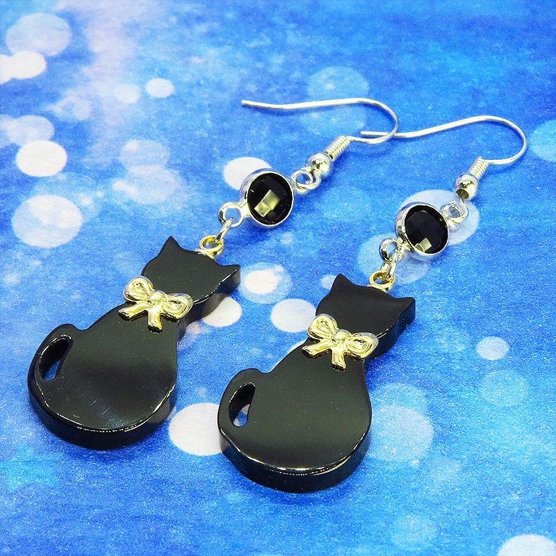 黒猫シルエットモチーフとラインストーン(ブラック)の大人可愛いピアス サージカル可