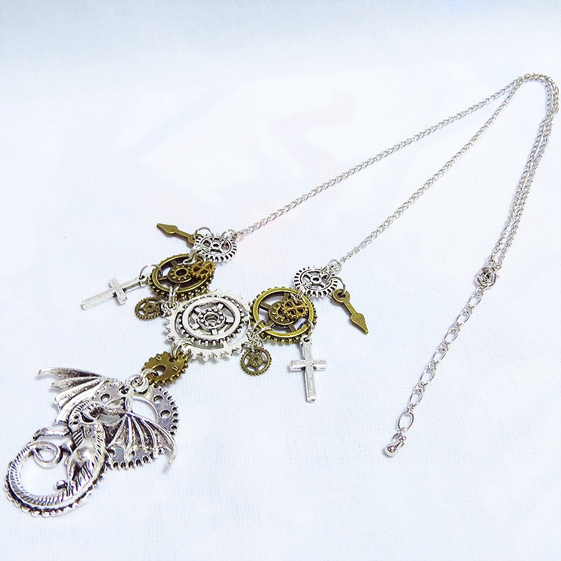 アンティークシルバー ドラゴン(竜)と歯車の本格的スチームパンク多層多重ネックレス ロザリオ 長さ調整可 アジャスター付