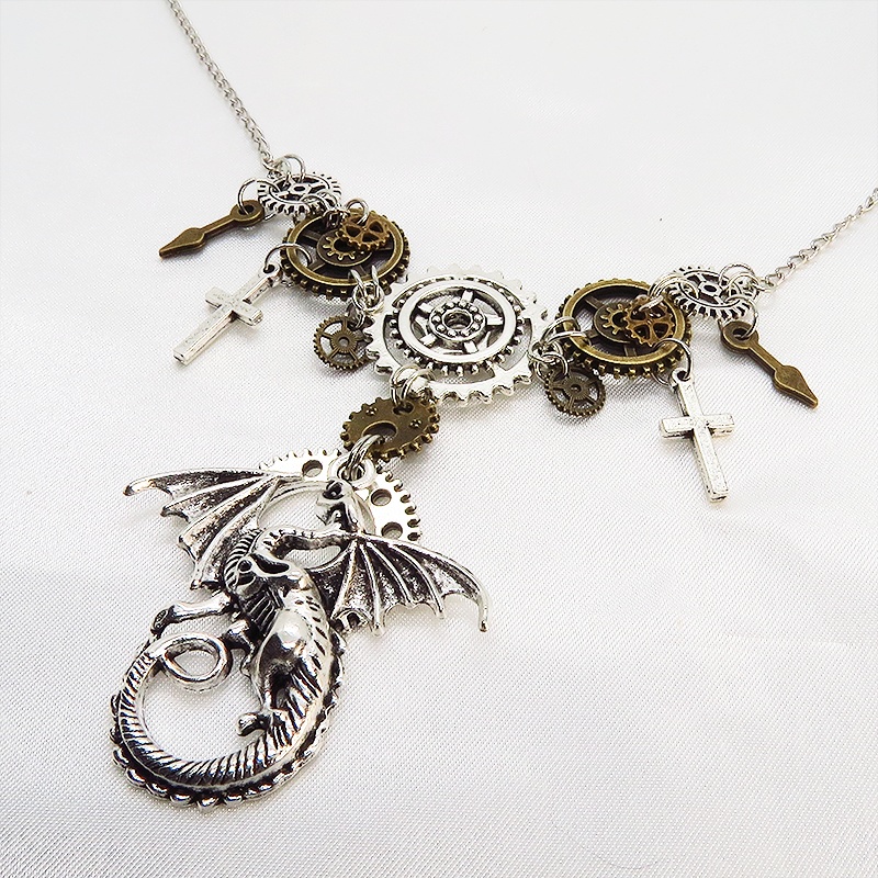 アンティークシルバー ドラゴン(竜)と歯車の本格的スチームパンク多層多重ネックレス ロザリオ 長さ調整可 アジャスター付