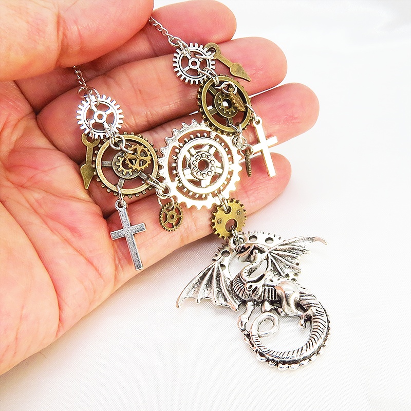 アンティークシルバー ドラゴン(竜)と歯車の本格的スチームパンク多層多重ネックレス ロザリオ 長さ調整可 アジャスター付