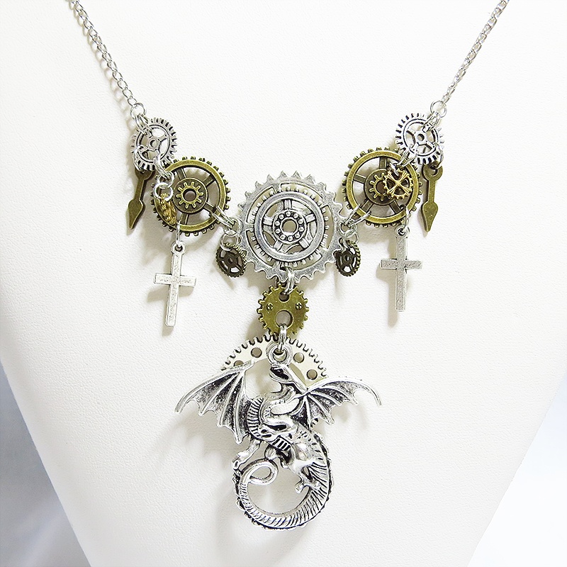 アンティークシルバー ドラゴン(竜)と歯車の本格的スチームパンク多層多重ネックレス ロザリオ 長さ調整可 アジャスター付