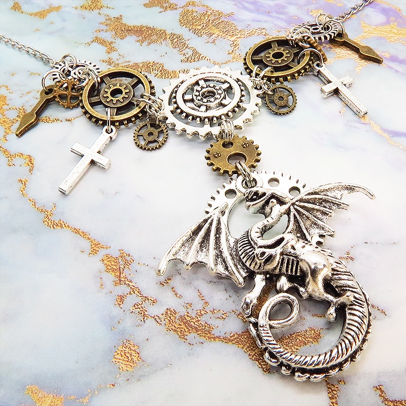 アンティークシルバー ドラゴン(竜)と歯車の本格的スチームパンク多層多重ネックレス ロザリオ 長さ調整可 アジャスター付