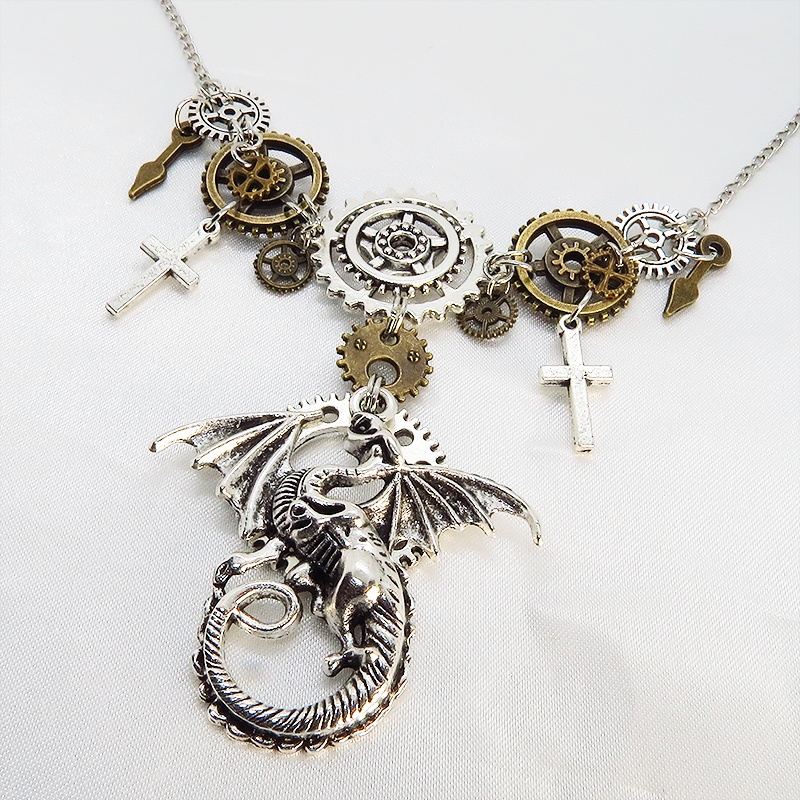 アンティークシルバー ドラゴン(竜)と歯車の本格的スチームパンク多層多重ネックレス ロザリオ 長さ調整可 アジャスター付