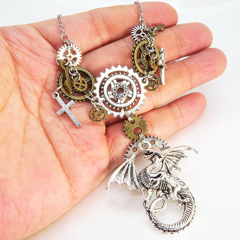アンティークシルバー ドラゴン(竜)と歯車の本格的スチームパンク多層多重ネックレス ロザリオ 長さ調整可 アジャスター付