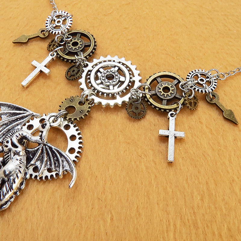 アンティークシルバー ドラゴン(竜)と歯車の本格的スチームパンク多層多重ネックレス ロザリオ 長さ調整可 アジャスター付