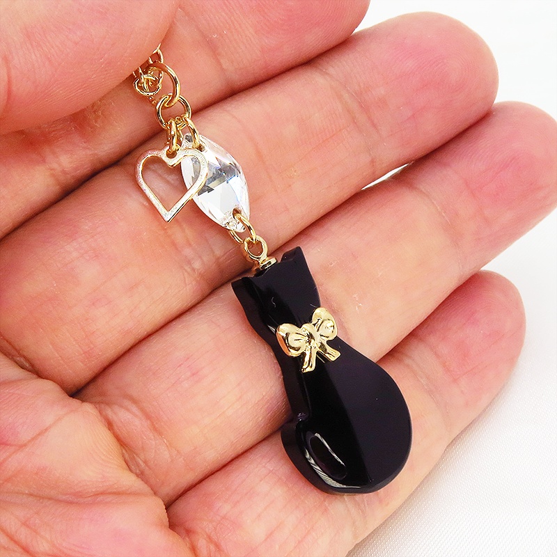 黒猫シルエットモチーフとスワロフスキーの大人可愛いネックレス オープンハート ゴールド 長さ変更可