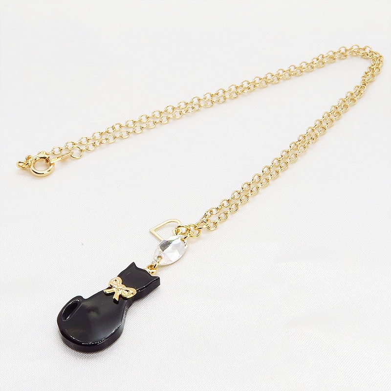 黒猫シルエットモチーフとスワロフスキーの大人可愛いネックレス オープンハート ゴールド 長さ変更可