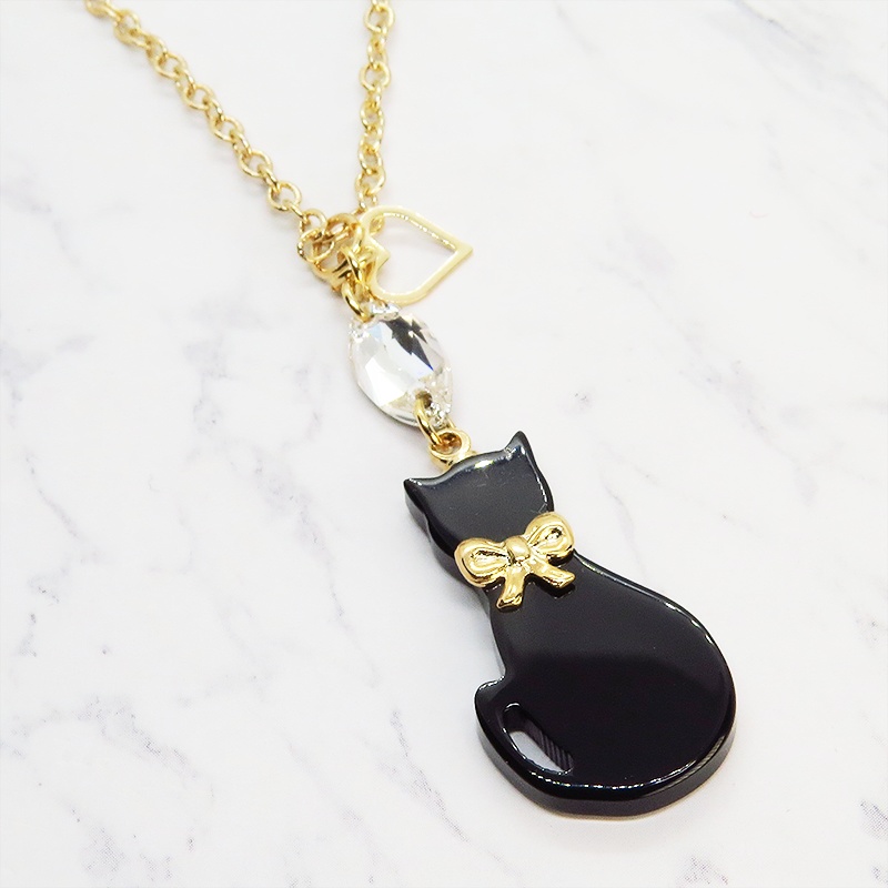 黒猫シルエットモチーフとスワロフスキーの大人可愛いネックレス オープンハート ゴールド 長さ変更可