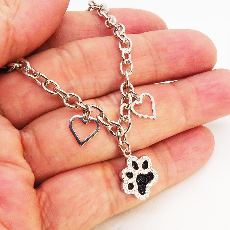 肉球モチーフのペンダントブレスレット シルバー925 ジルコン 猫好き 犬好き