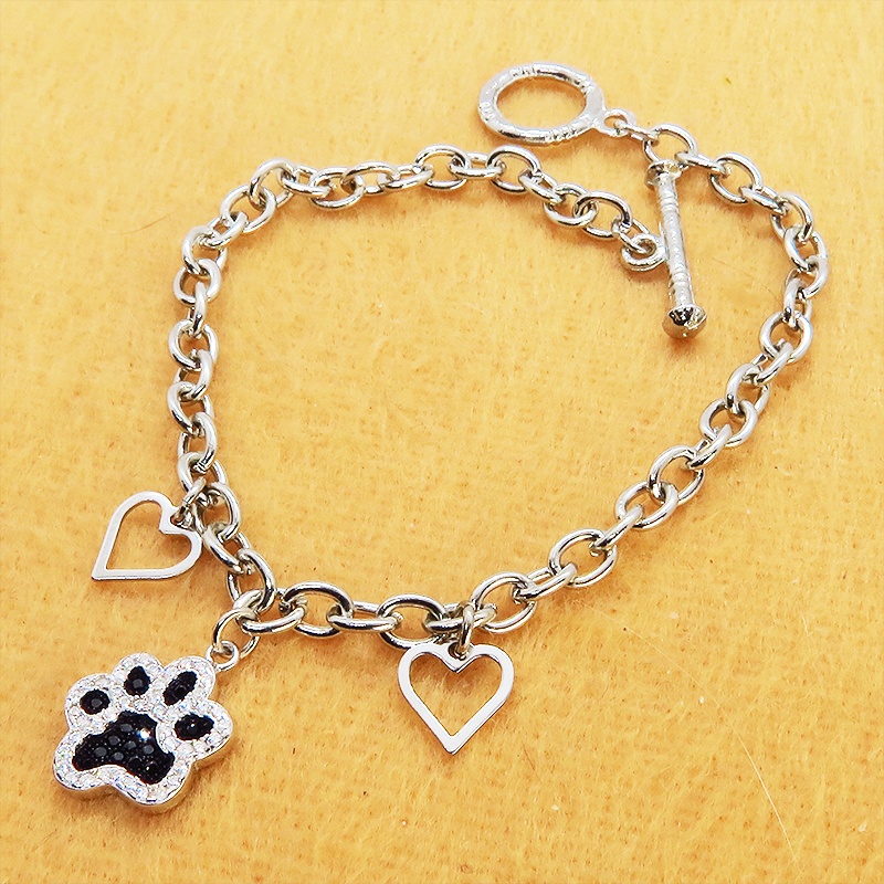 肉球モチーフのペンダントブレスレット シルバー925 ジルコン 猫好き 犬好き