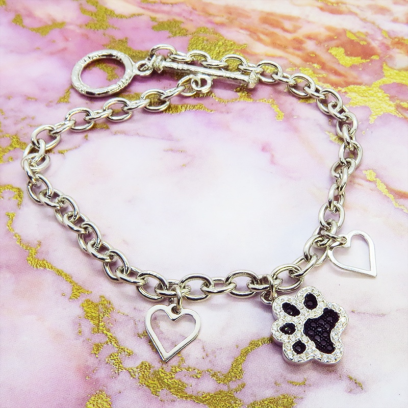 肉球モチーフのペンダントブレスレット シルバー925 ジルコン 猫好き 犬好き