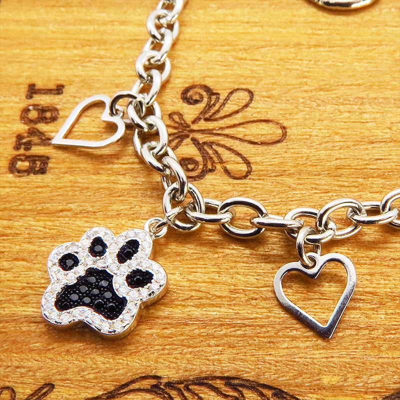肉球モチーフのペンダントブレスレット シルバー925 ジルコン 猫好き 犬好き