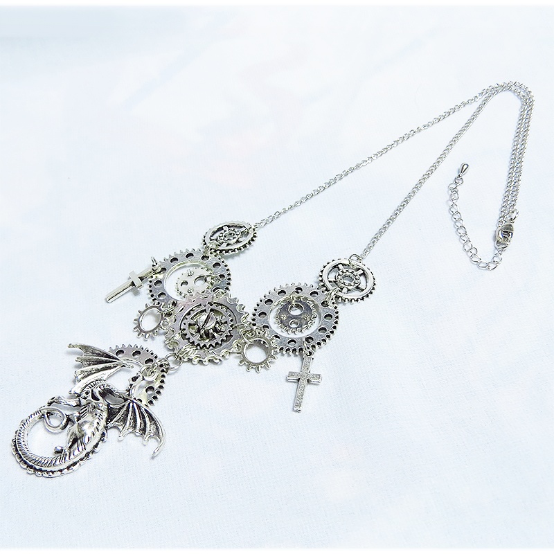 スチームパンク風アンティークシルバーのドラゴンと歯車の多重多層ネックレス アジャスター付 長さ調整可