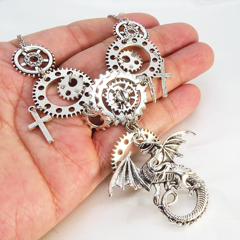 スチームパンク風アンティークシルバーのドラゴンと歯車の多重多層ネックレス アジャスター付 長さ調整可