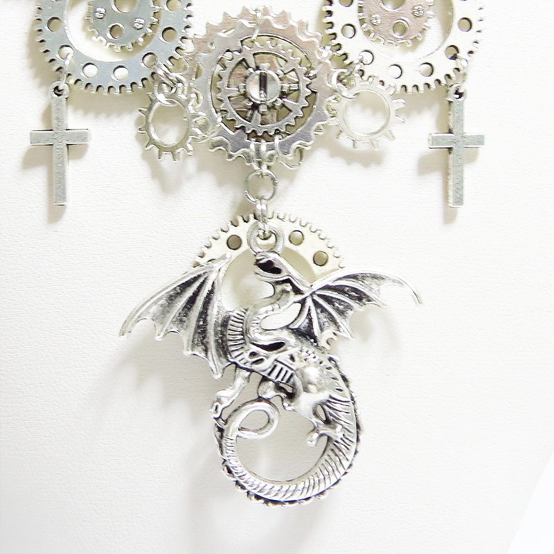 スチームパンク風アンティークシルバーのドラゴンと歯車の多重多層ネックレス アジャスター付 長さ調整可