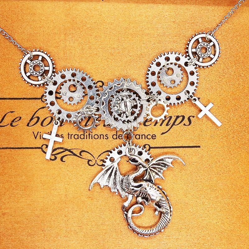 スチームパンク風アンティークシルバーのドラゴンと歯車の多重多層ネックレス アジャスター付 長さ調整可