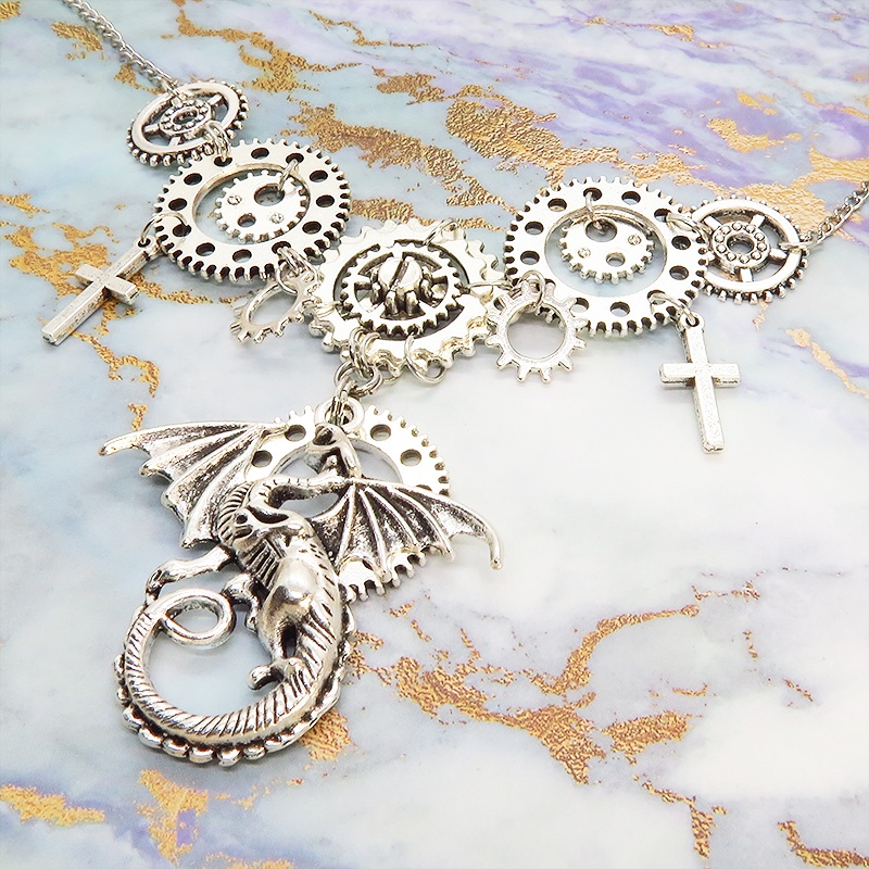 スチームパンク風アンティークシルバーのドラゴンと歯車の多重多層ネックレス アジャスター付 長さ調整可