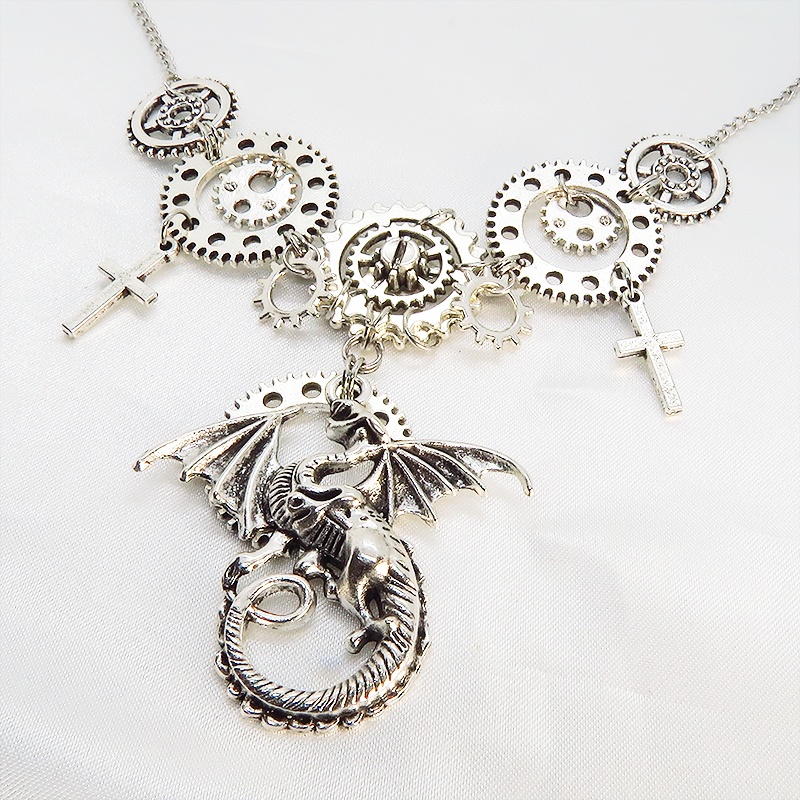 スチームパンク風アンティークシルバーのドラゴンと歯車の多重多層ネックレス アジャスター付 長さ調整可