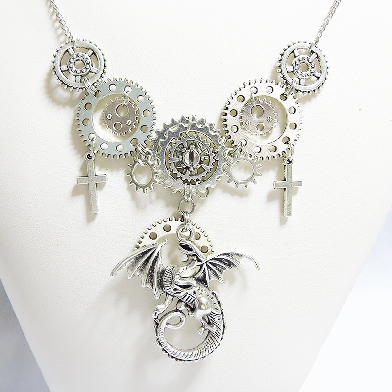 スチームパンク風アンティークシルバーのドラゴンと歯車の多重多層ネックレス アジャスター付 長さ調整可