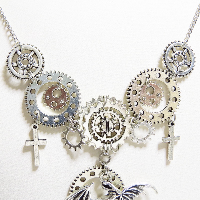 スチームパンク風アンティークシルバーのドラゴンと歯車の多重多層ネックレス アジャスター付 長さ調整可