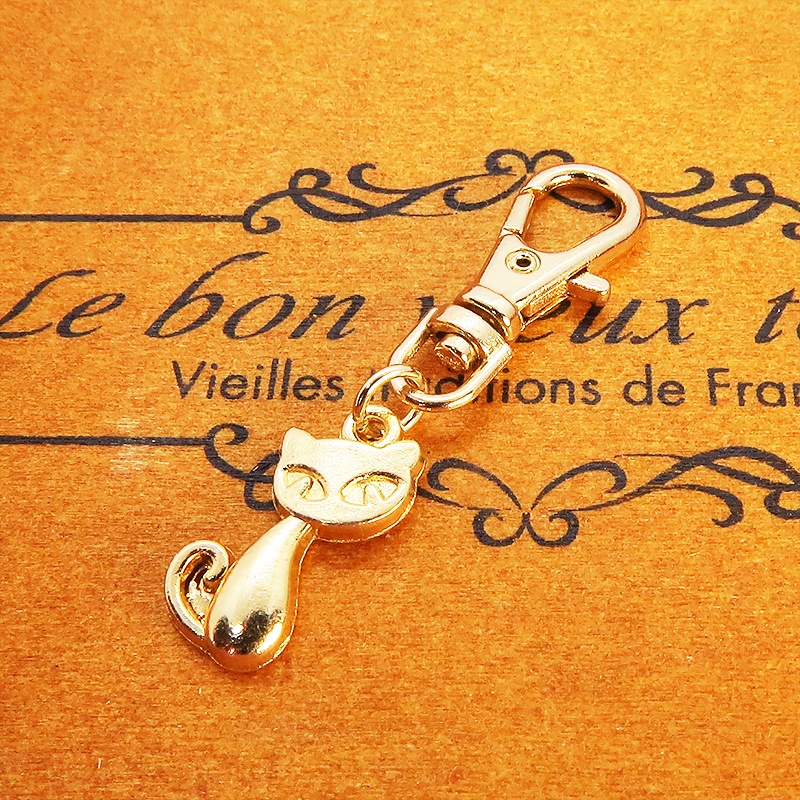マットゴールド 可愛い猫のファスナーチャーム キーホルダー バッグチャーム 金具変更可