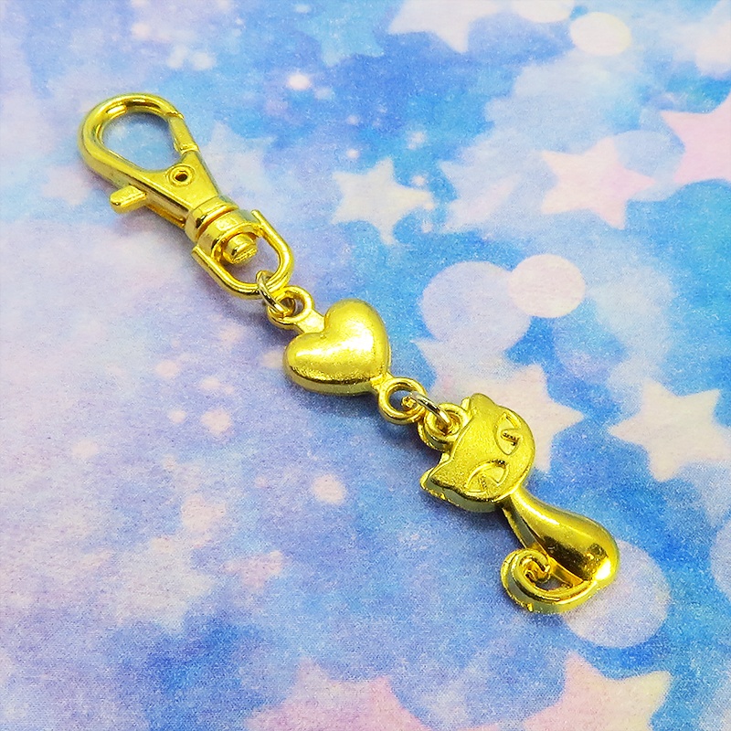 ゴールドカラーのかわいい猫のファスナーチャーム キーホルダー イエローゴールド