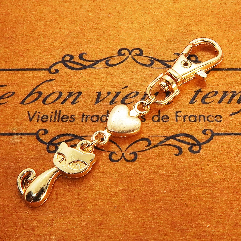 マットゴールドのかわいい猫のファスナーチャーム キーホルダー マットゴールド