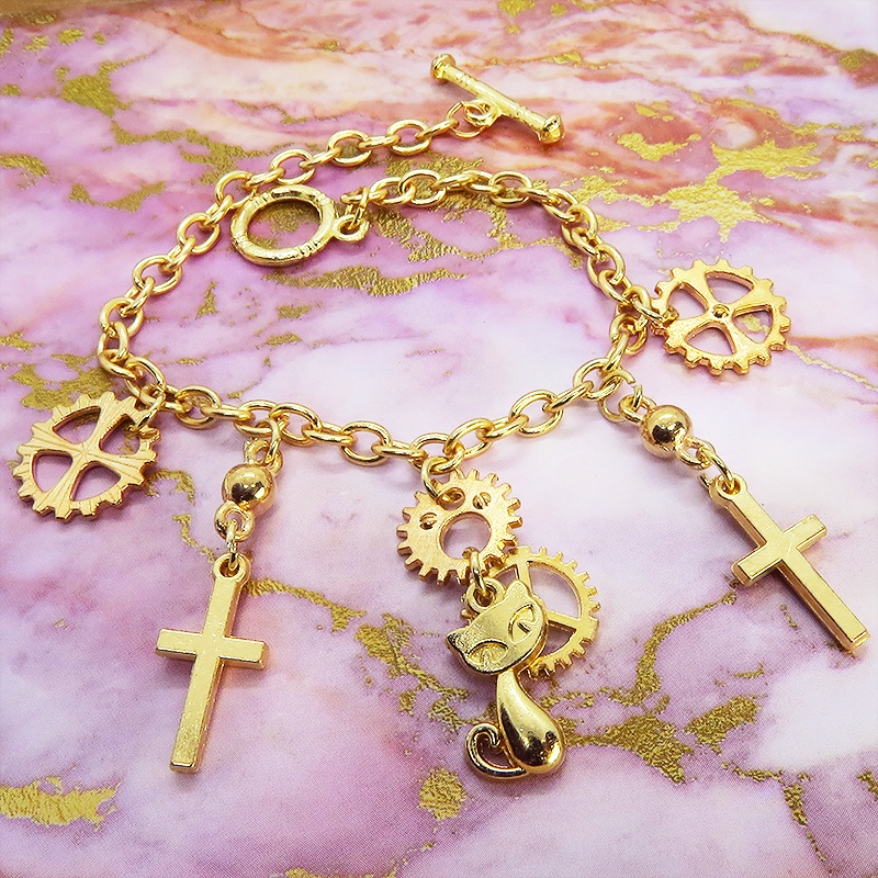 マットゴールド 猫とロザリオと歯車のスチームパンク風ブレスレット