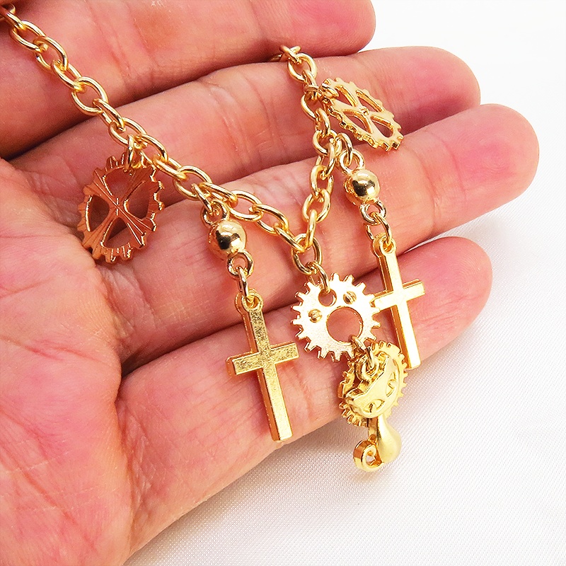 マットゴールド 猫とロザリオと歯車のスチームパンク風ブレスレット