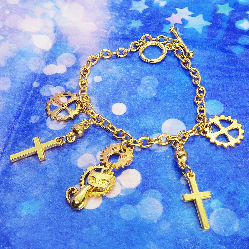 マットゴールド 猫とロザリオと歯車のスチームパンク風ブレスレット