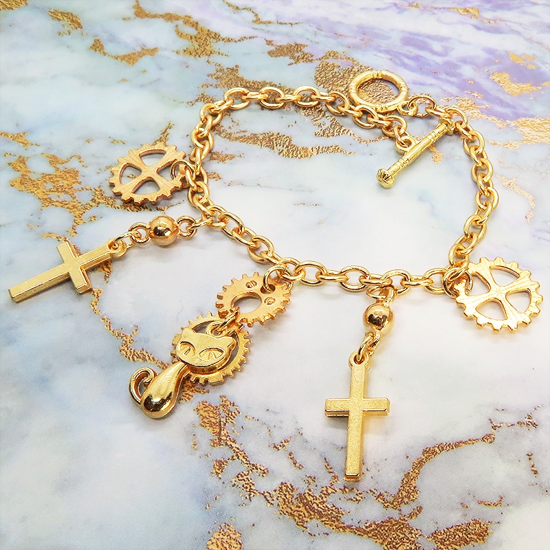 マットゴールド 猫とロザリオと歯車のスチームパンク風ブレスレット